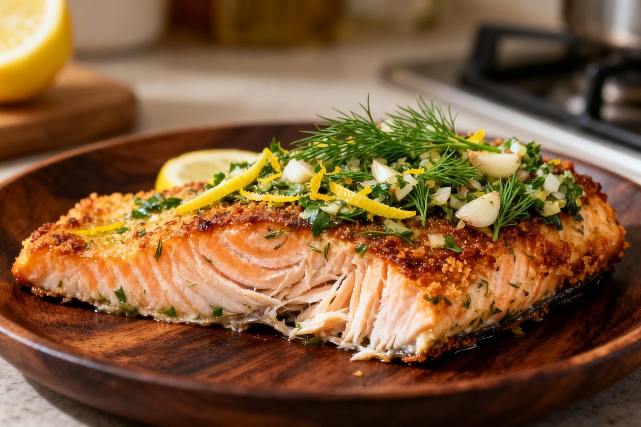 the texture of the baked lemon herb salmon, showcasing the tender, flaky flesh under the crispy crus