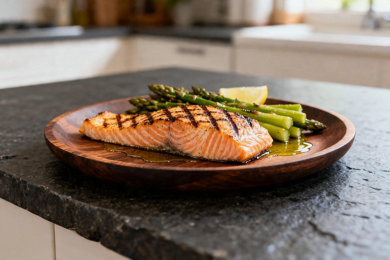 View at approximately 30–40 degrees of the same grilled salmon with asparagus, styled identically to the first image.