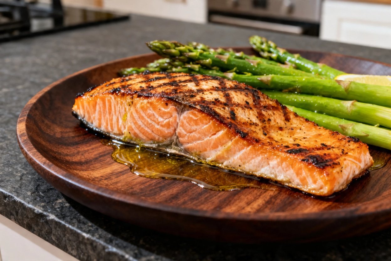 Close-up at 0–45 degrees emphasizing the texture and detail of the grilled salmon and asparagus. The dish is plated invitingly.