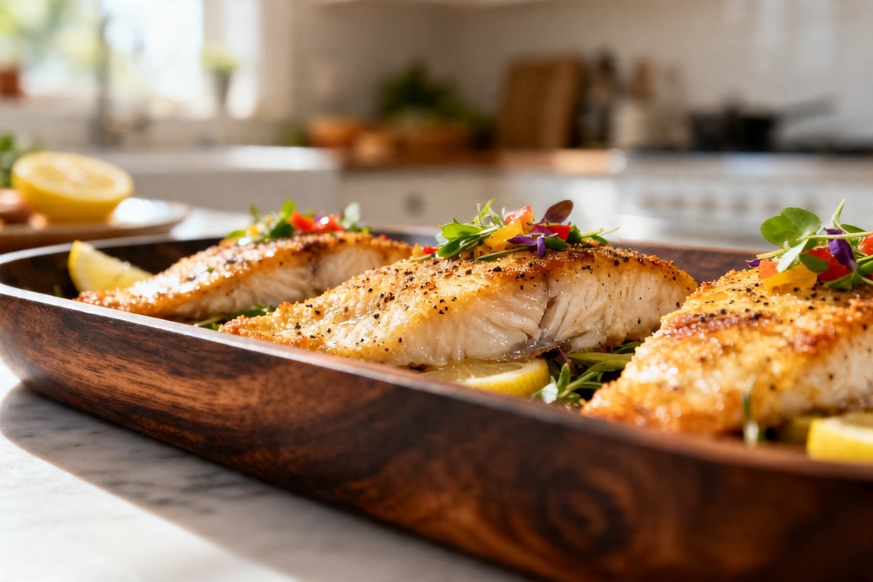per fish fillets, approximately 30-45 degrees to emphasize the texture. The fillets rest on dark woo