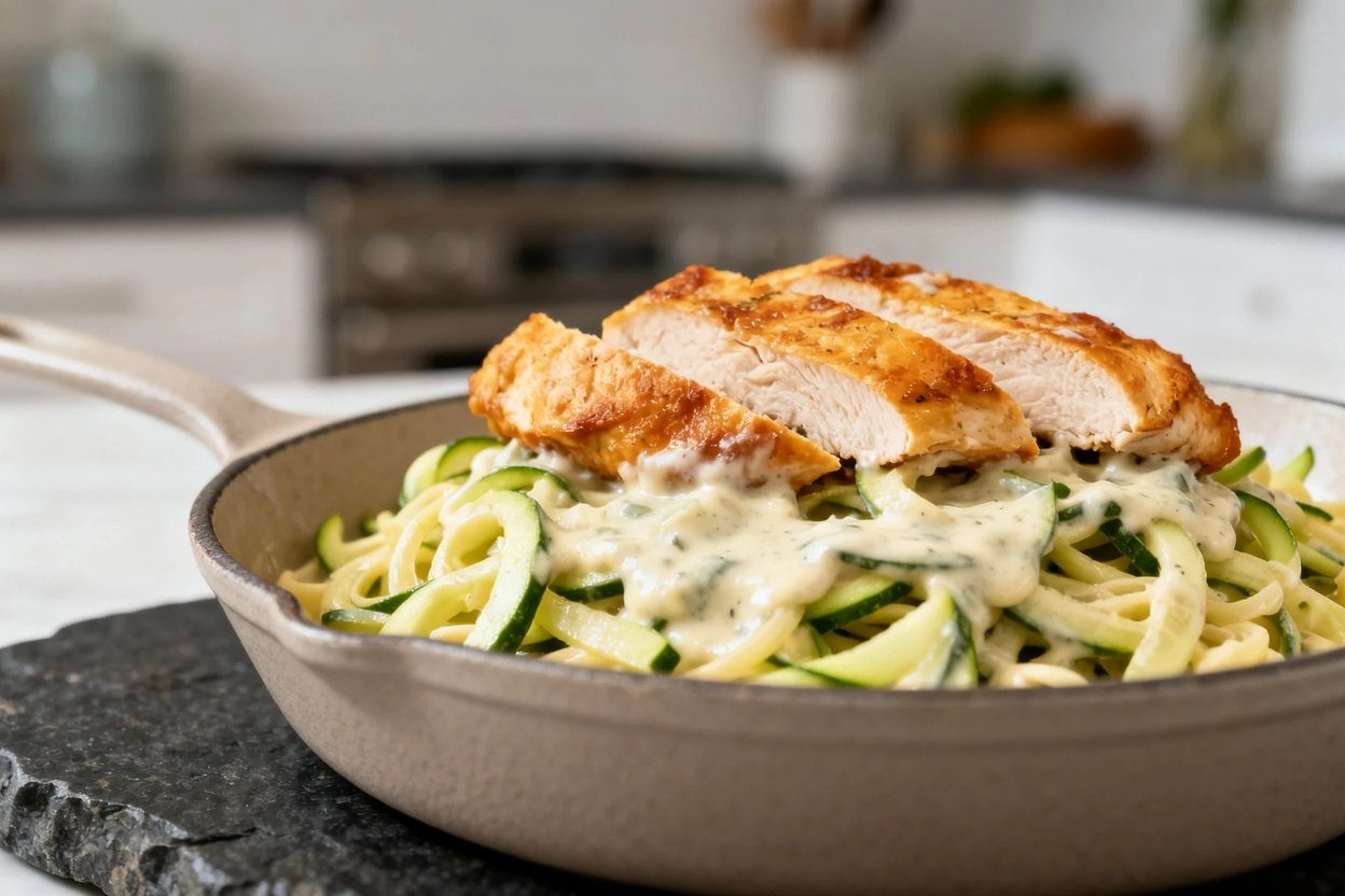 , approximately 30–40 degrees, capturing the same portion of Keto Creamy Chicken Alfredo as Image 1.