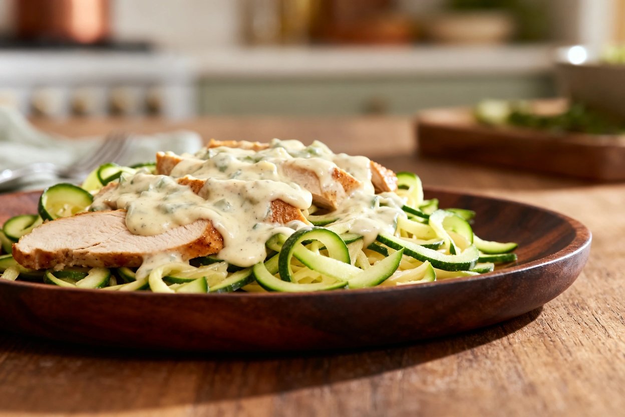 imately 30–45 degrees, focusing on the texture and creamy coverage of the Keto Creamy Chicken Alfred