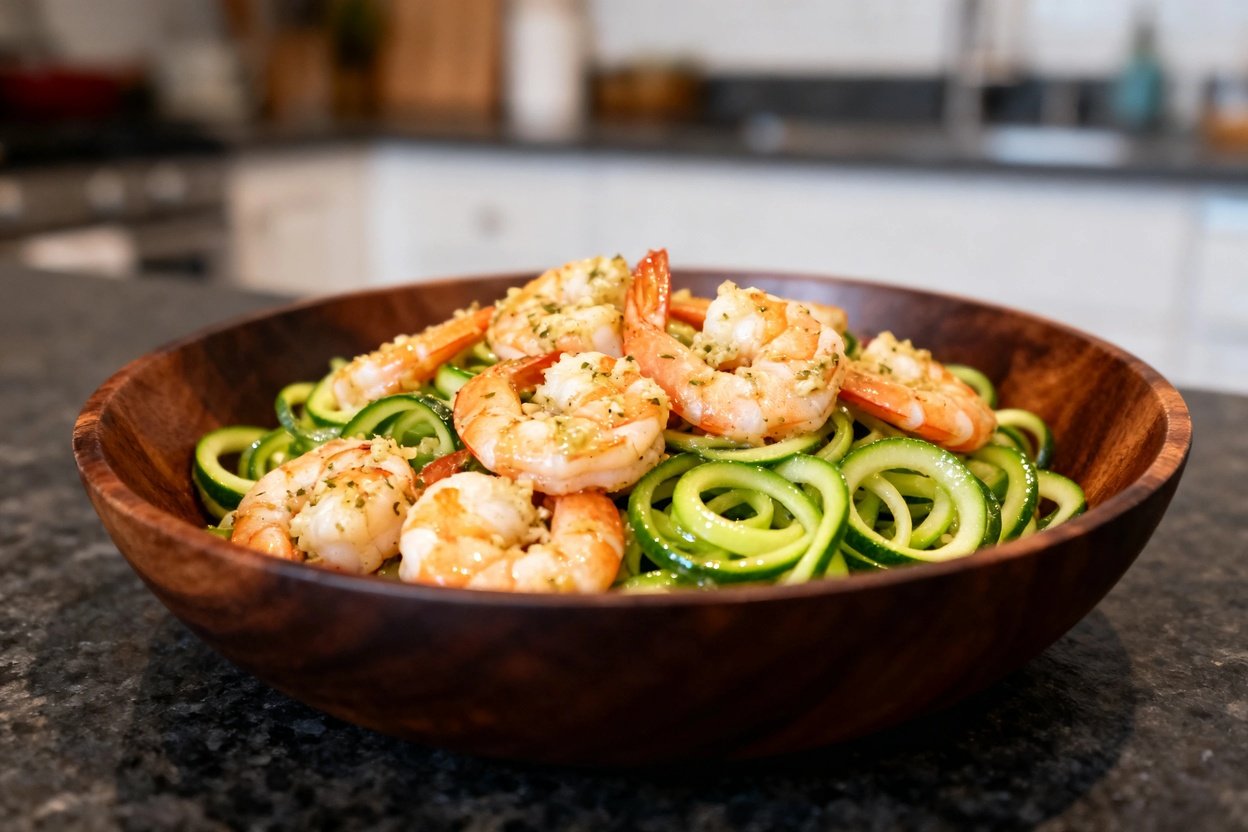 tely 30–40 degrees, showcasing the shrimp and zoodles dish as it appears in a dark wooden bowl that