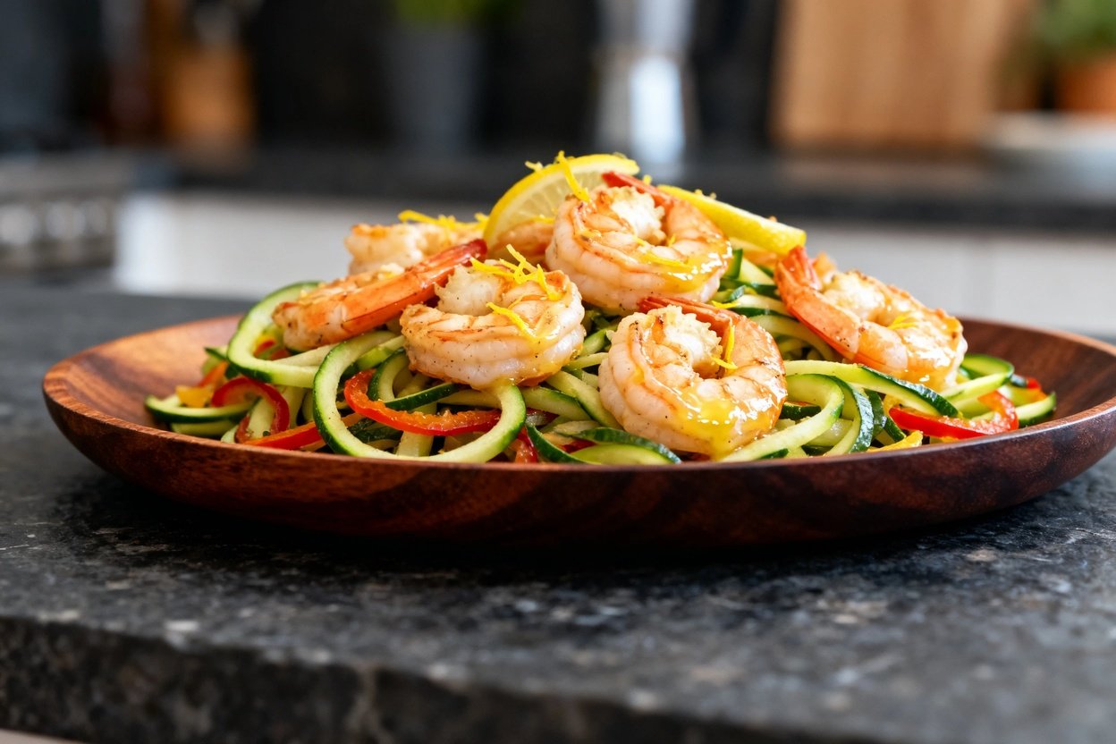 30–45 degrees, capturing the shrimp and zoodles in an inviting, textured look. The dish is centered