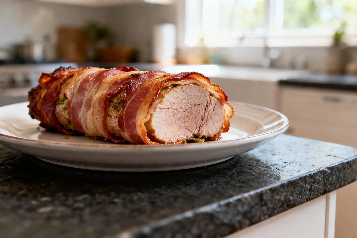 Smoky Bacon Wrapped Pork Tenderloin presented on a cutting board.