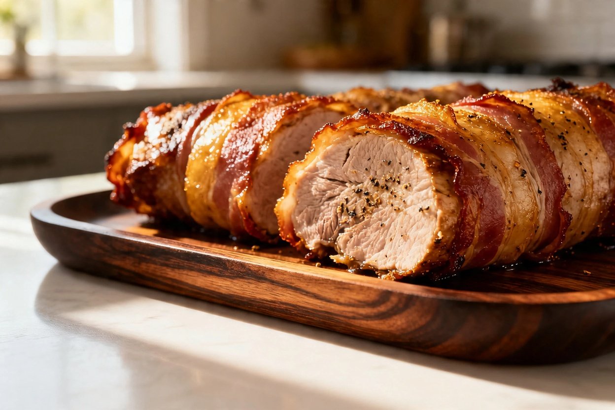 Close-up of Bacon Wrapped Pork Tenderloin showcasing crispy texture.