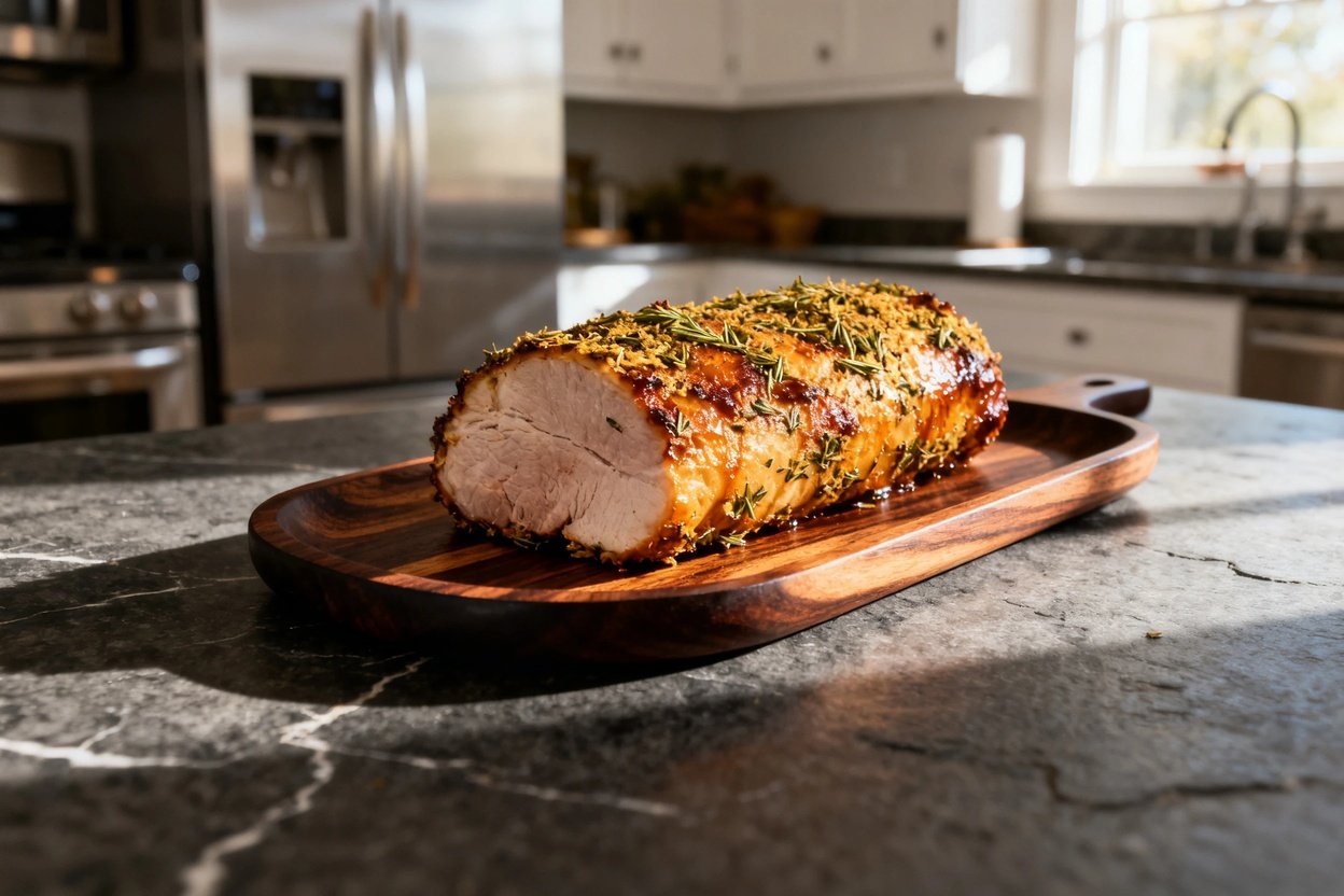 es) of the same Low-Carb Herb-Crusted Pork Loin. The portion remains on the dark wood serving dish,