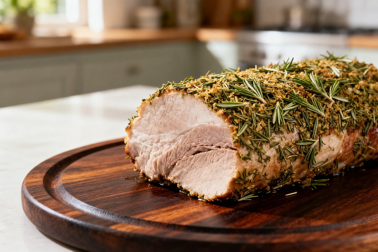 erb-Crusted Pork Loin at 30-45 degrees, focusing on texture and details. The herb crust appears cris