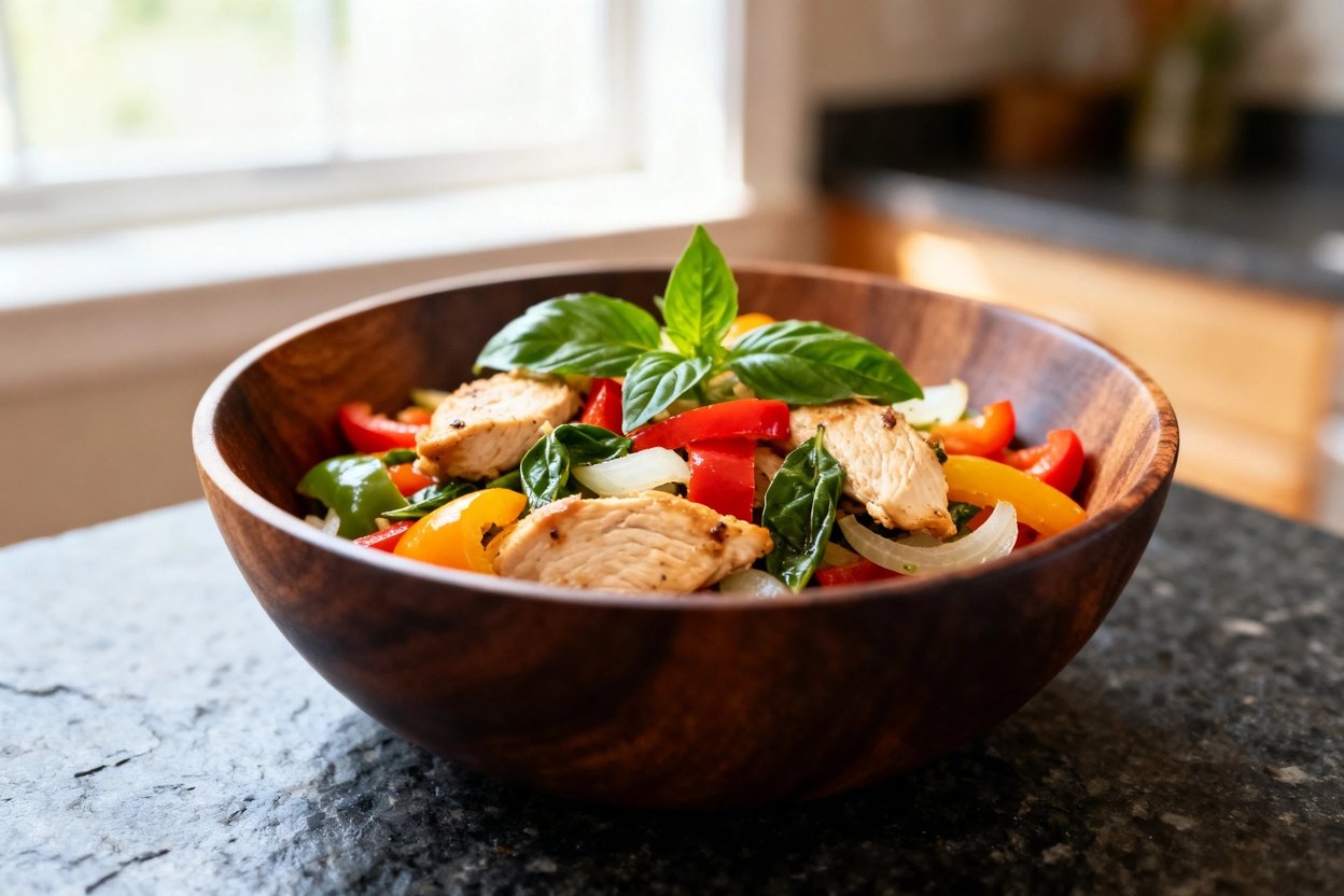 ly 30–40 degrees, of Low-Carb Thai Basil Chicken. This perspective emphasizes the interplay between