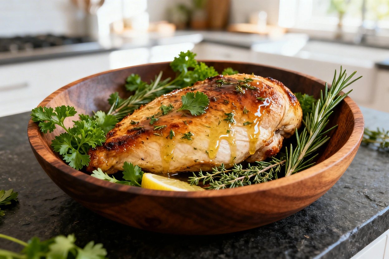 ng the same roasted chicken breast, nestled in a neutral dark wood serving bowl with the final lemon