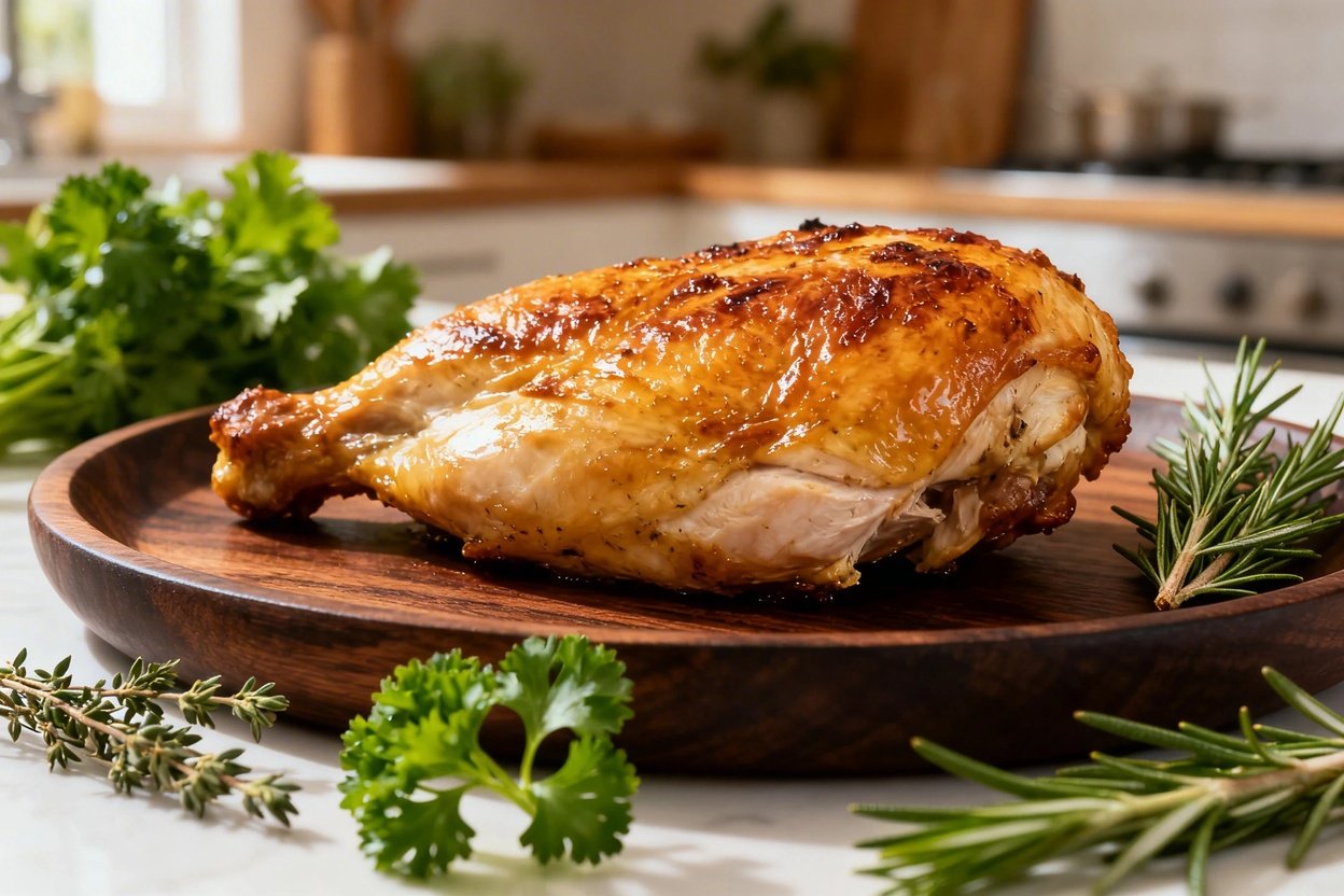 f the roasted chicken breast, plated on a dark wood serving dish. It is centered and fills 70-80% of