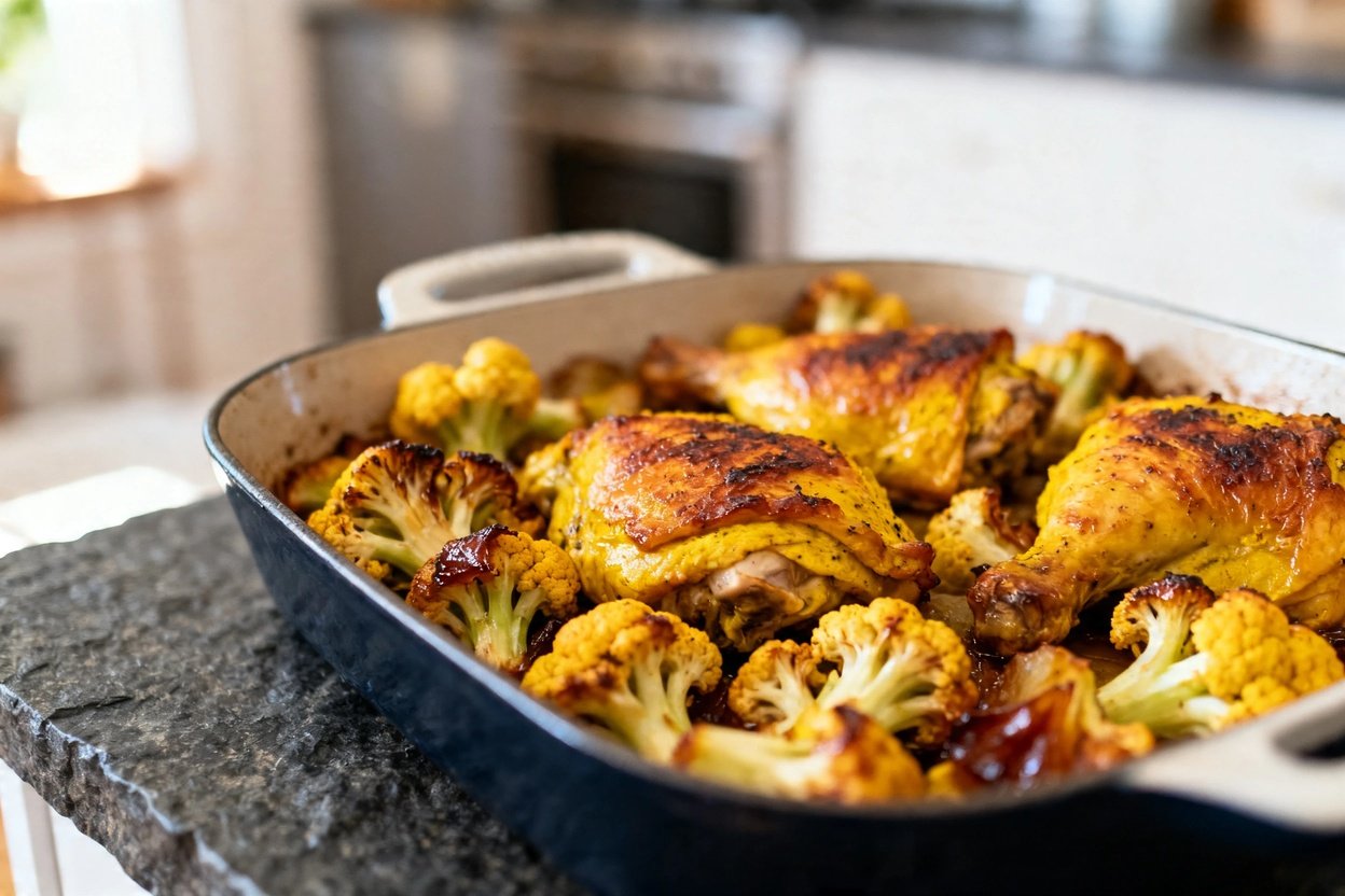 iew of the roasted turmeric chicken served with roasted cauliflower. The camera captures the dish in