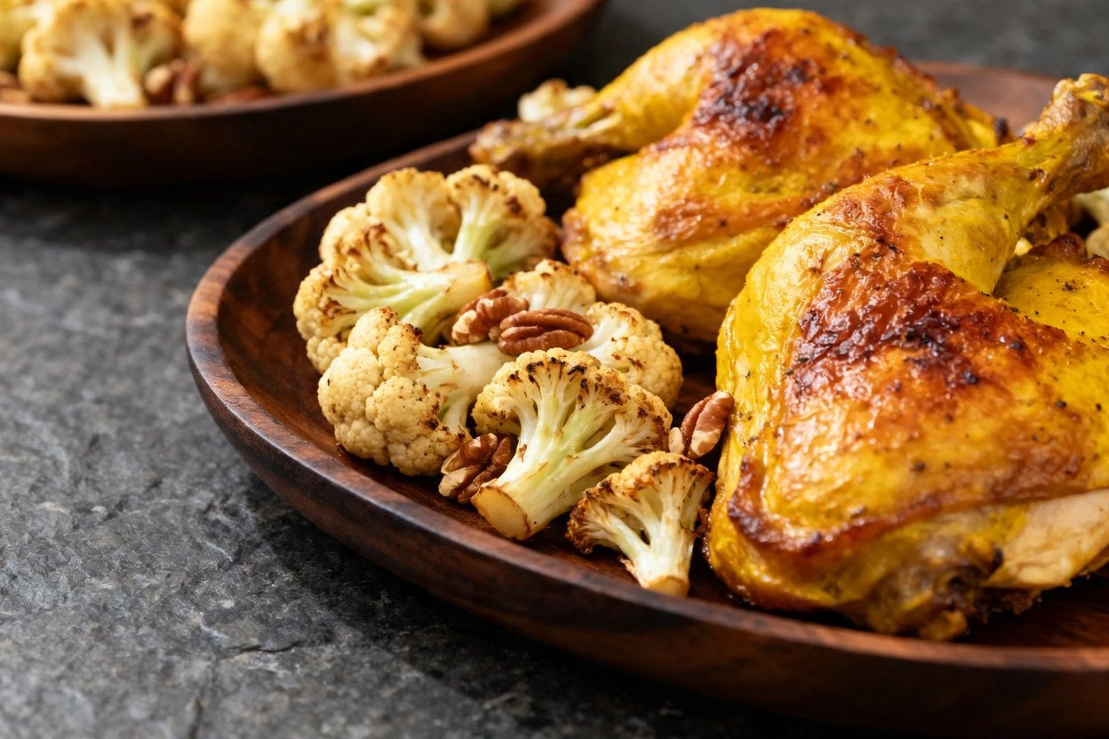 (30-45 degrees) focusing closely on the roasted turmeric chicken and roasted cauliflower, emphasizi