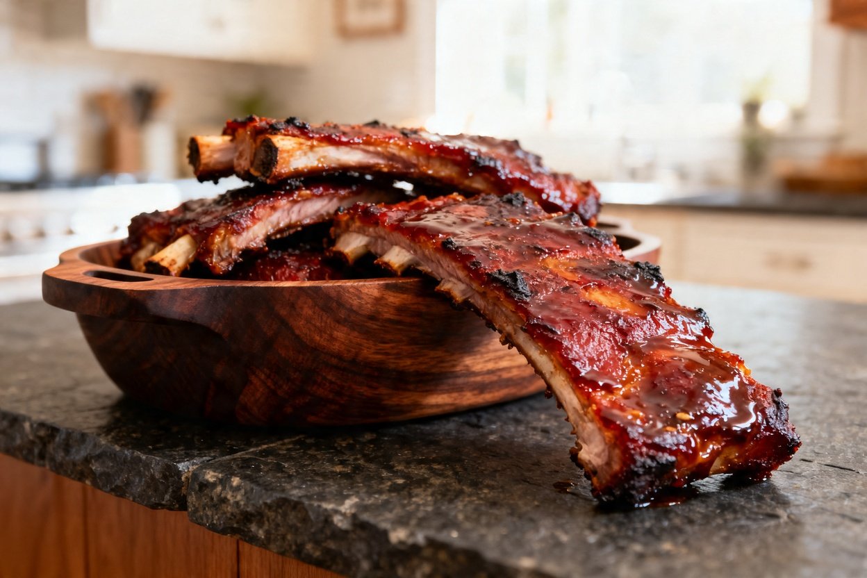 Q ribs are shown in a slight angle, approximately 30–40 degrees, revealing the depth and glossy, car