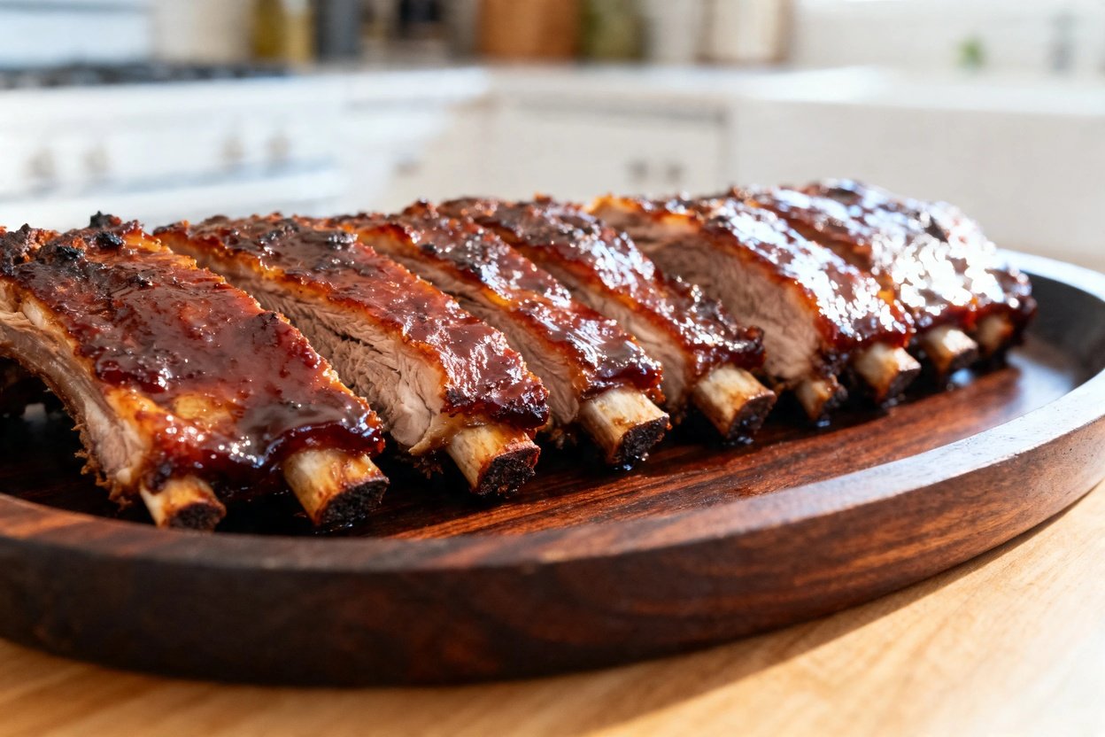 the same Paleo BBQ ribs from an approximately 30–45 degree angle, centered on a dark wood serving di