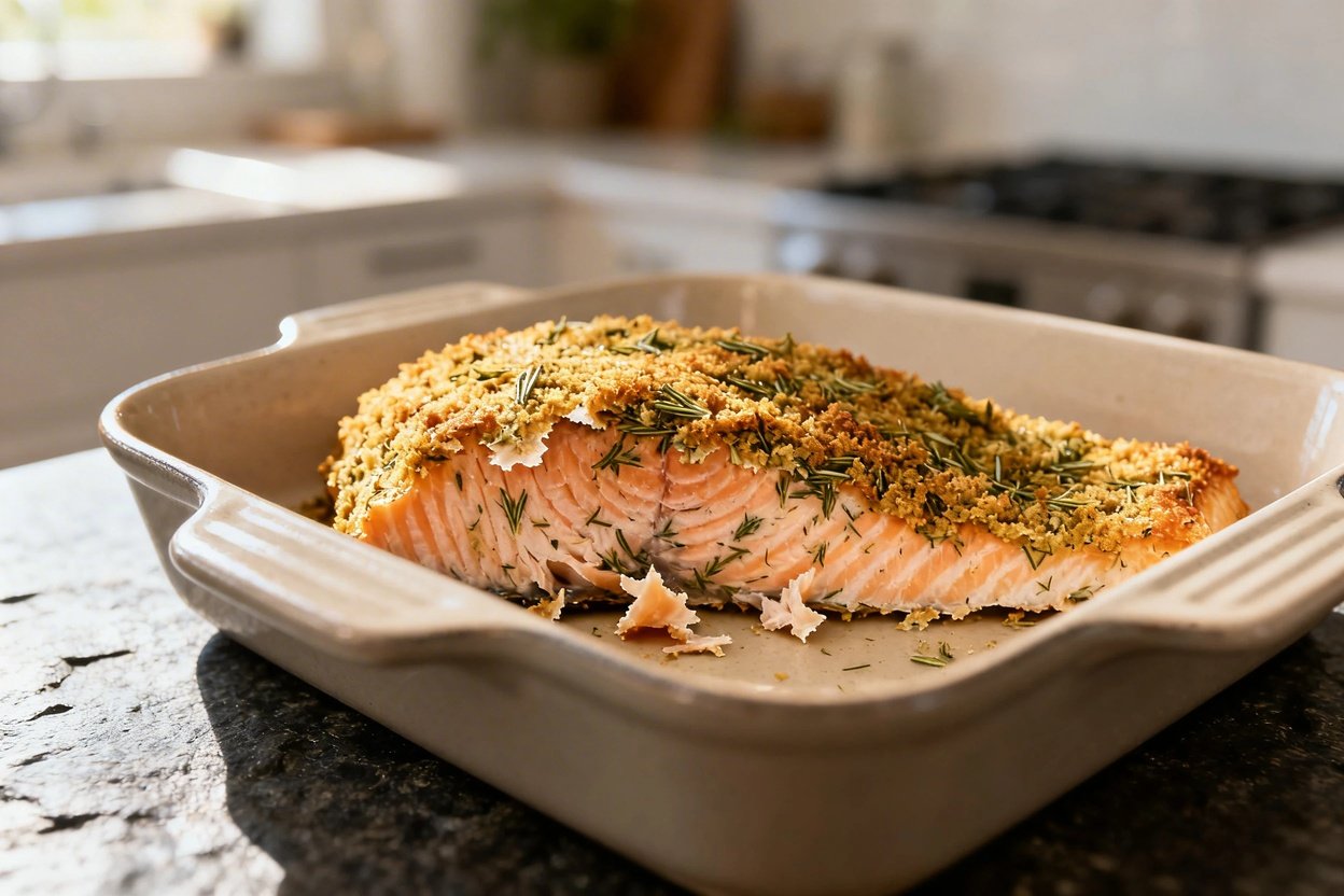 Herb-crusted salmon in the final baking dish