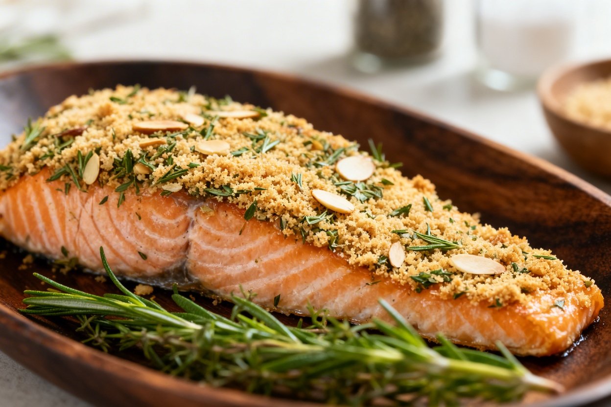 Herb-crusted salmon served on wooden dishware
