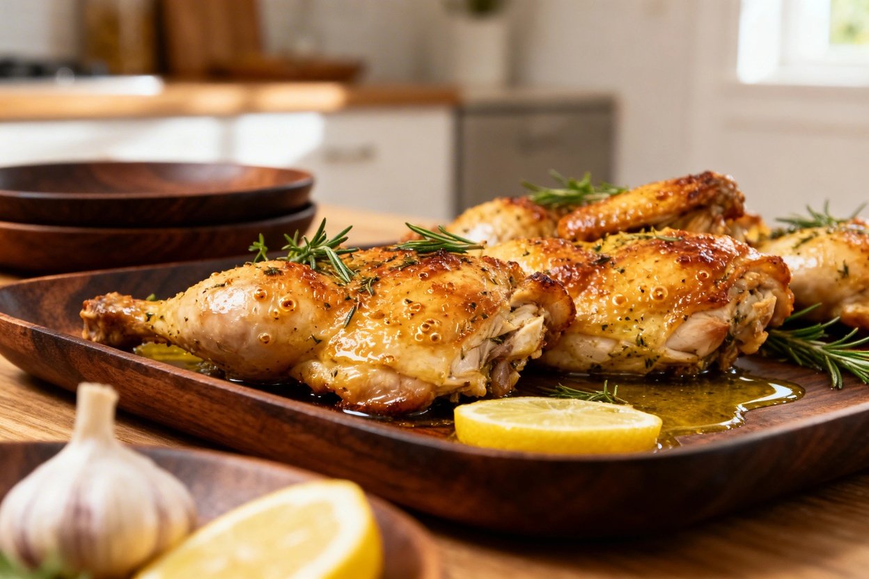 lic herb chicken at approximately 30–45 degrees, emphasizing its texture and the bubbling, golden skin