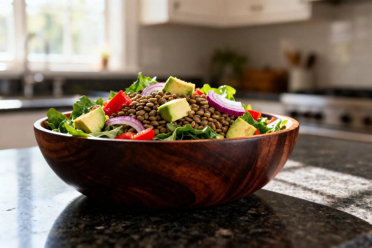hotograph of the same Diabetes-Friendly Lentil and Avocado Salad, maintaining the same portion size