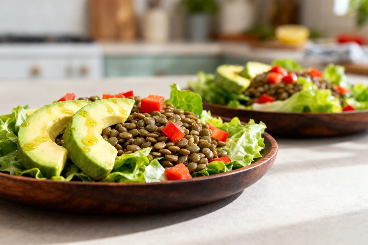 hot focuses on the texture and visual appeal of the Diabetes-Friendly Lentil and Avocado Salad. Plat