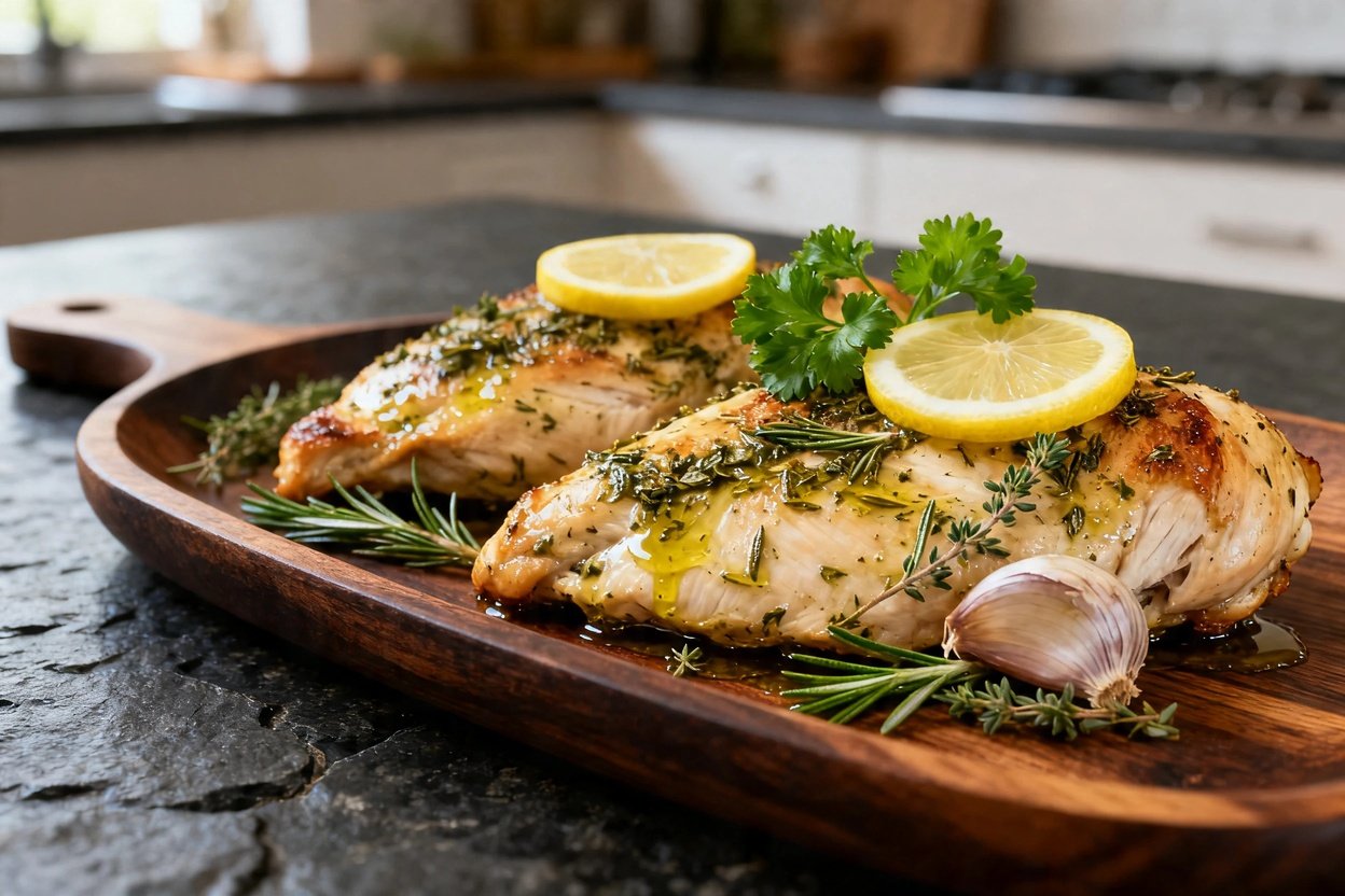 , highlighting the boneless, skinless breast smothered in a marinade of extra virgin olive oil, fres