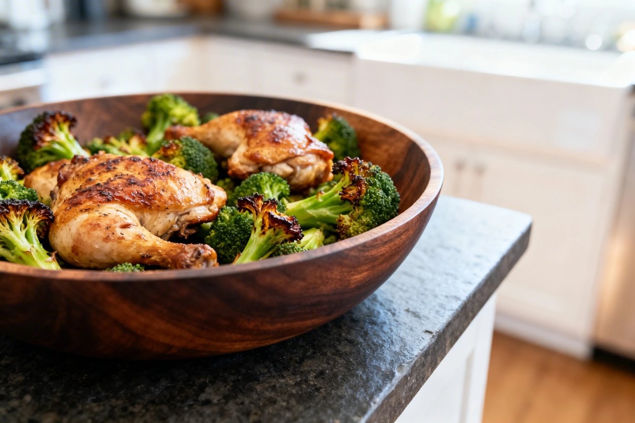 ly 30-40 degrees) of the same roasted chicken thighs and broccoli dish. The meal is shown in a large 