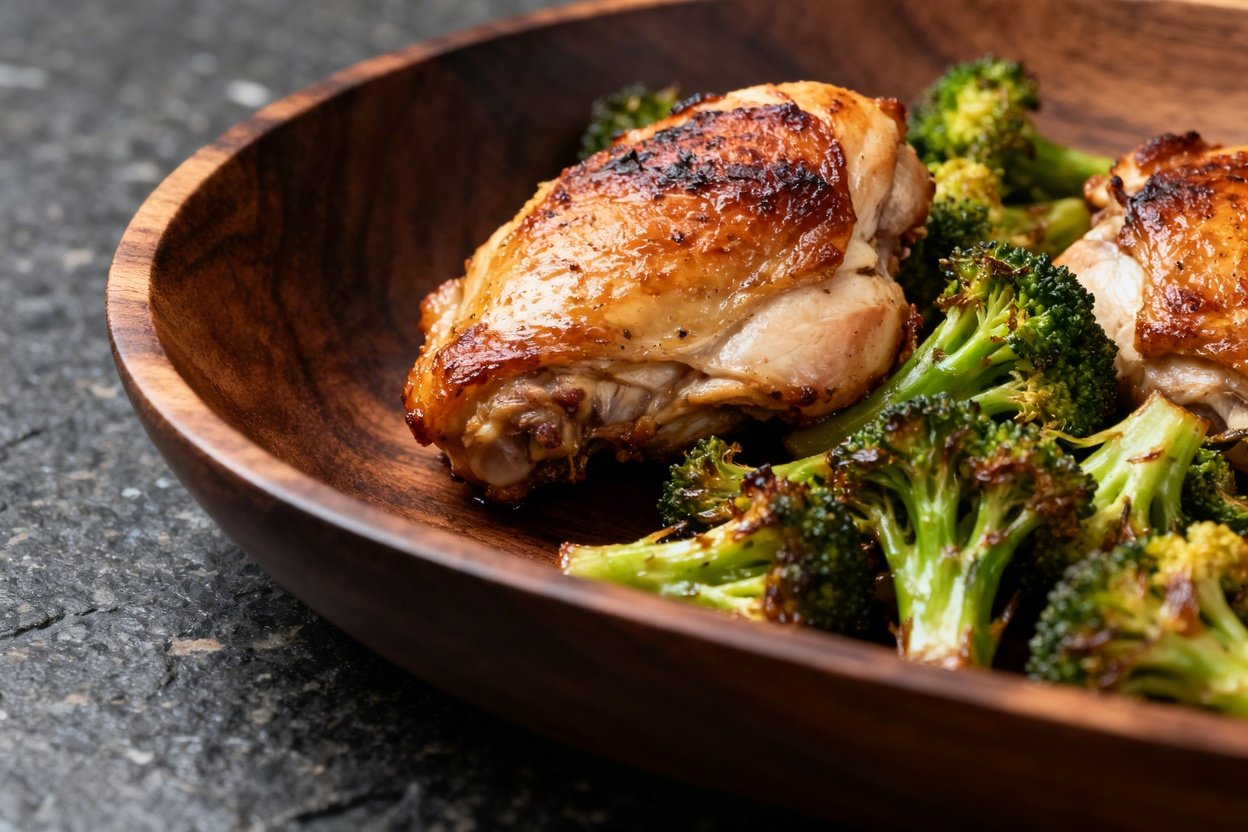  30-45 degrees) focusing on the texture of the roasted chicken thighs and broccoli, plated on dark w