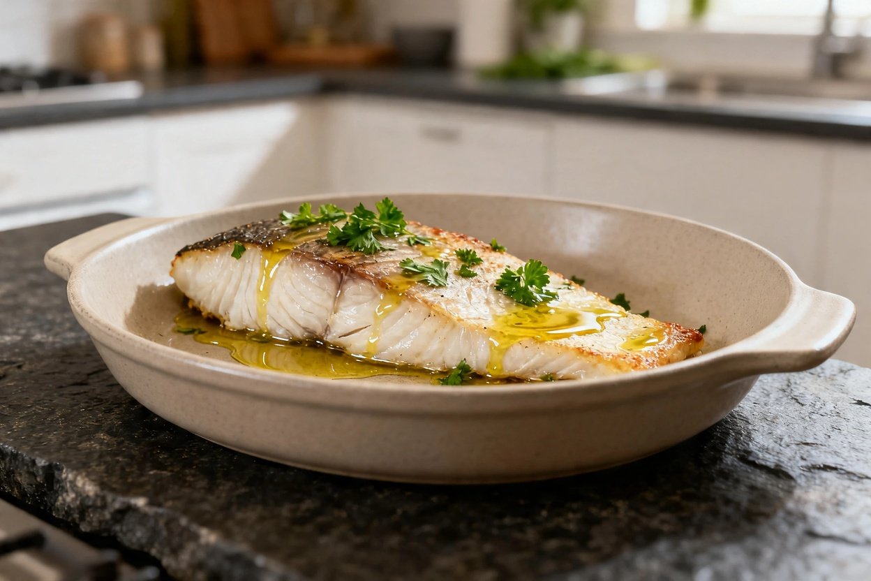 A top-down view of lemon garlic cod fillets, perfectly baked at a 0-40 degree angle, ensuring the same portioning and presentation as in the first image. Nestled in a vibrant garnish.
