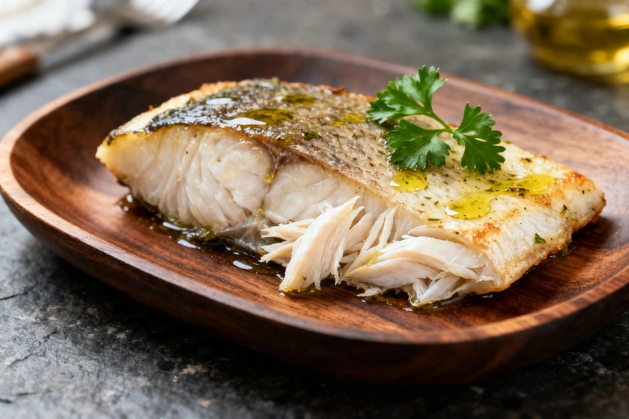 A close-up of a lemon garlic cod fillet, angled at 30-45 degrees to highlight its delicate flakiness and marinated surface. The dish appears succulent and flavorful.