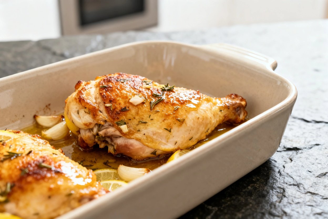 high, viewed at a slightly angled 30-degree perspective. The chicken is positioned in the final baki