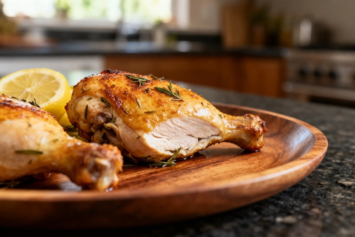 lemon herb chicken thigh, showing the irresistible crispness and inviting juiciness of the dish. The