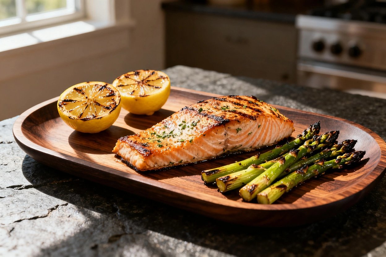 shot of the grilled lemon herb salmon and charred asparagus, maintaining the same presentation as t