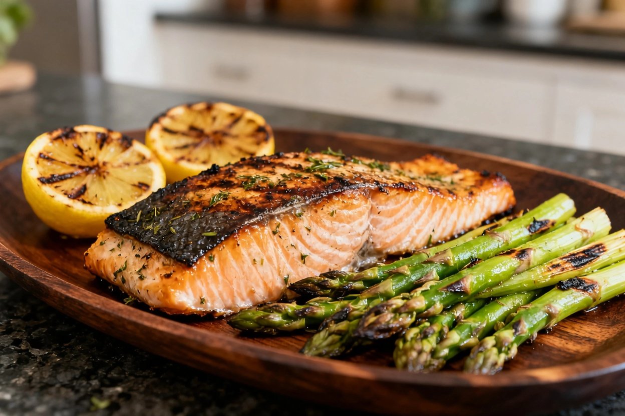 shot of the grilled lemon herb salmon, emphasizing the texture of the perfectly seared skin and vibr