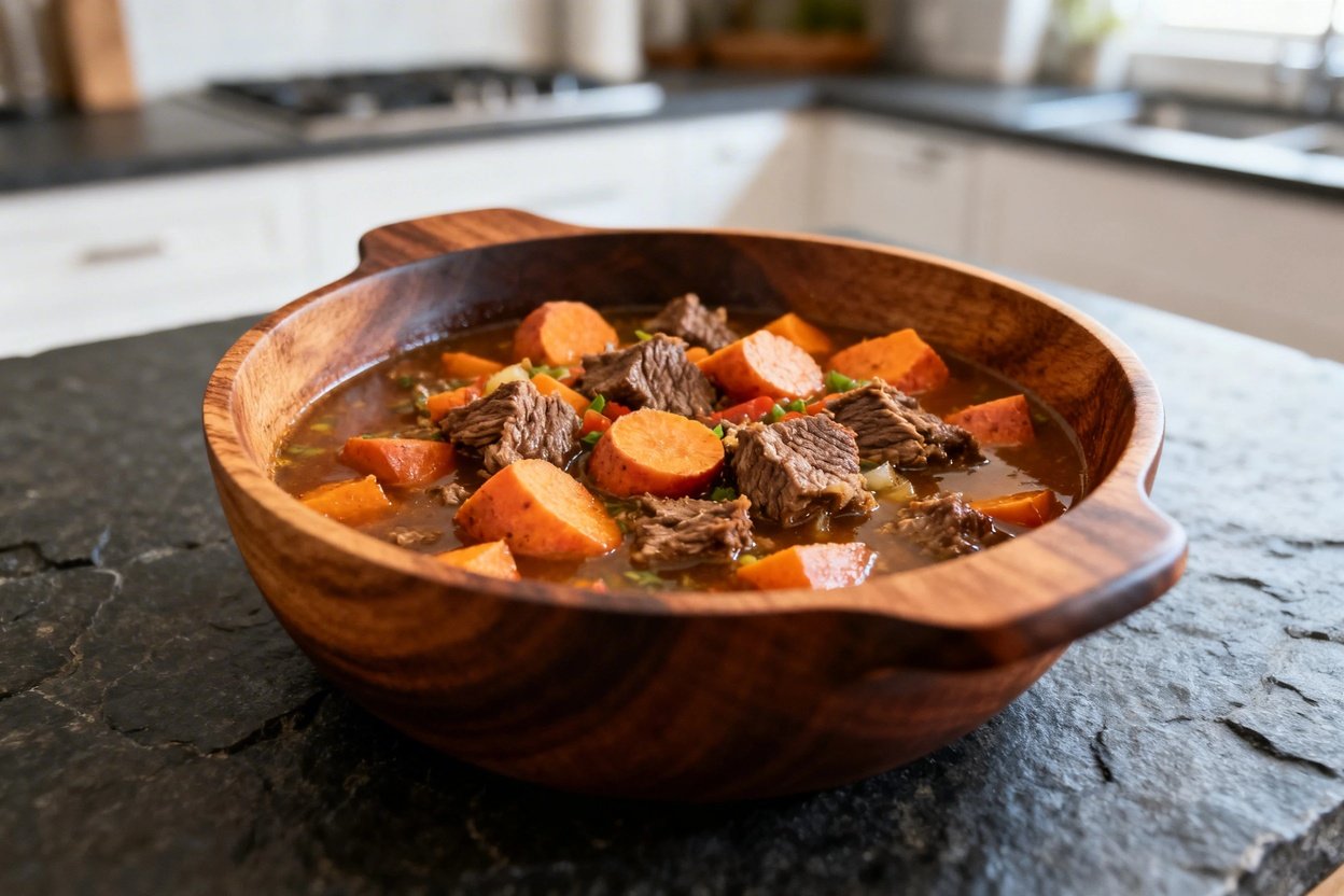 w, seen from a slightly angled perspective of approximately 30-40 degrees, sits in its final cooking