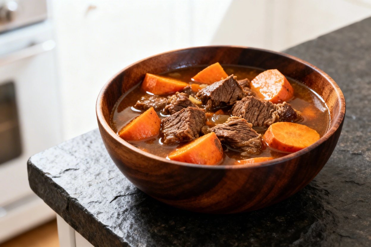 30-45 degrees, of the Paleo beef and sweet potato stew plated in a dark wood bowl. The focus is on t