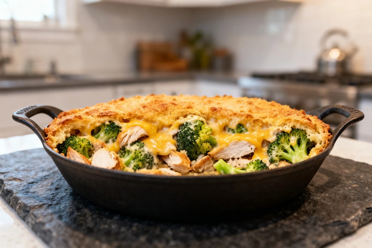 e at approximately 30–40 degrees, showing the same portion of Keto Cheesy Chicken and Broccoli Bake,