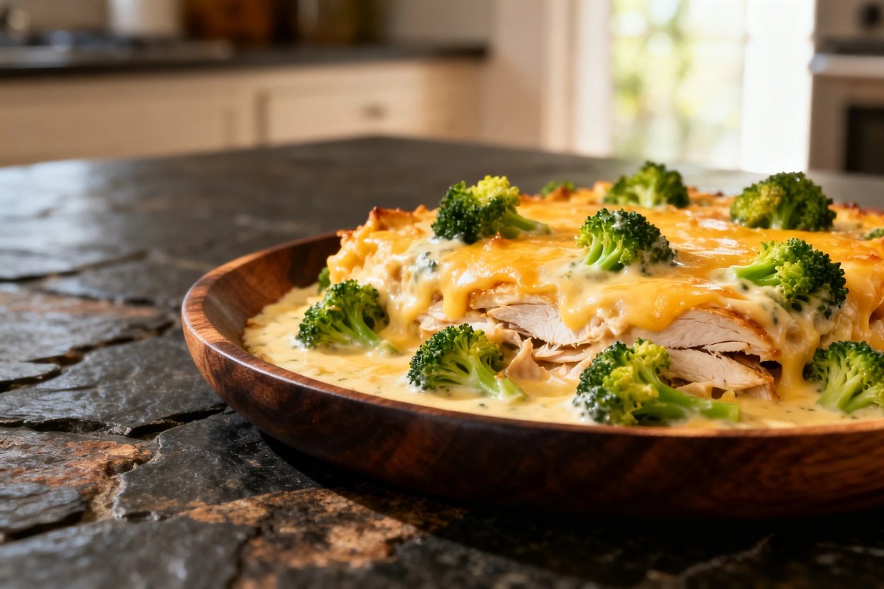 –45 degrees, emphasizing the texture of the Keto Cheesy Chicken and Broccoli Bake, with a focus on t