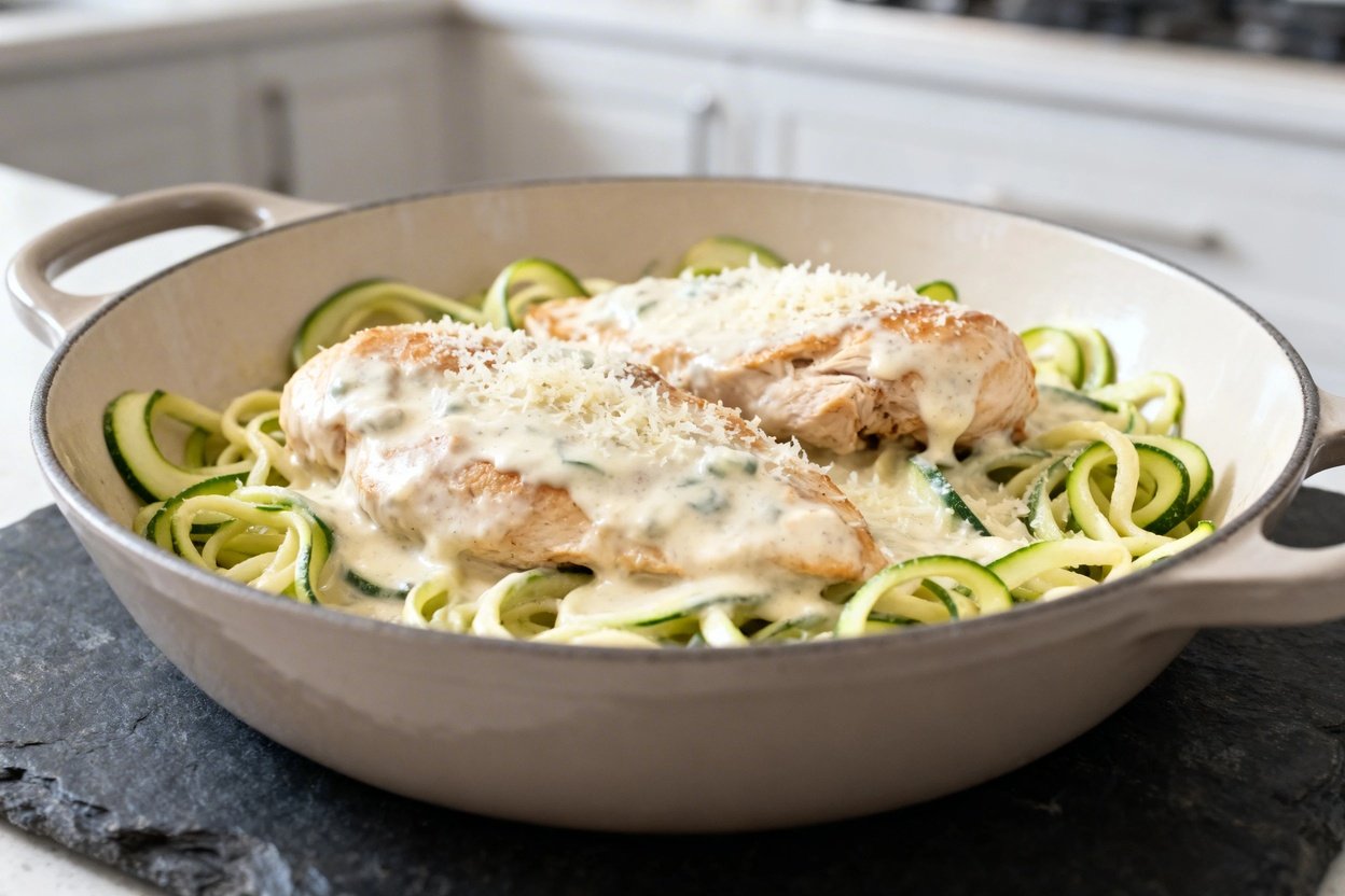 Approximately 30–40 degrees, showcasing the same portion of creamy Chicken Alfredo as Image 1.