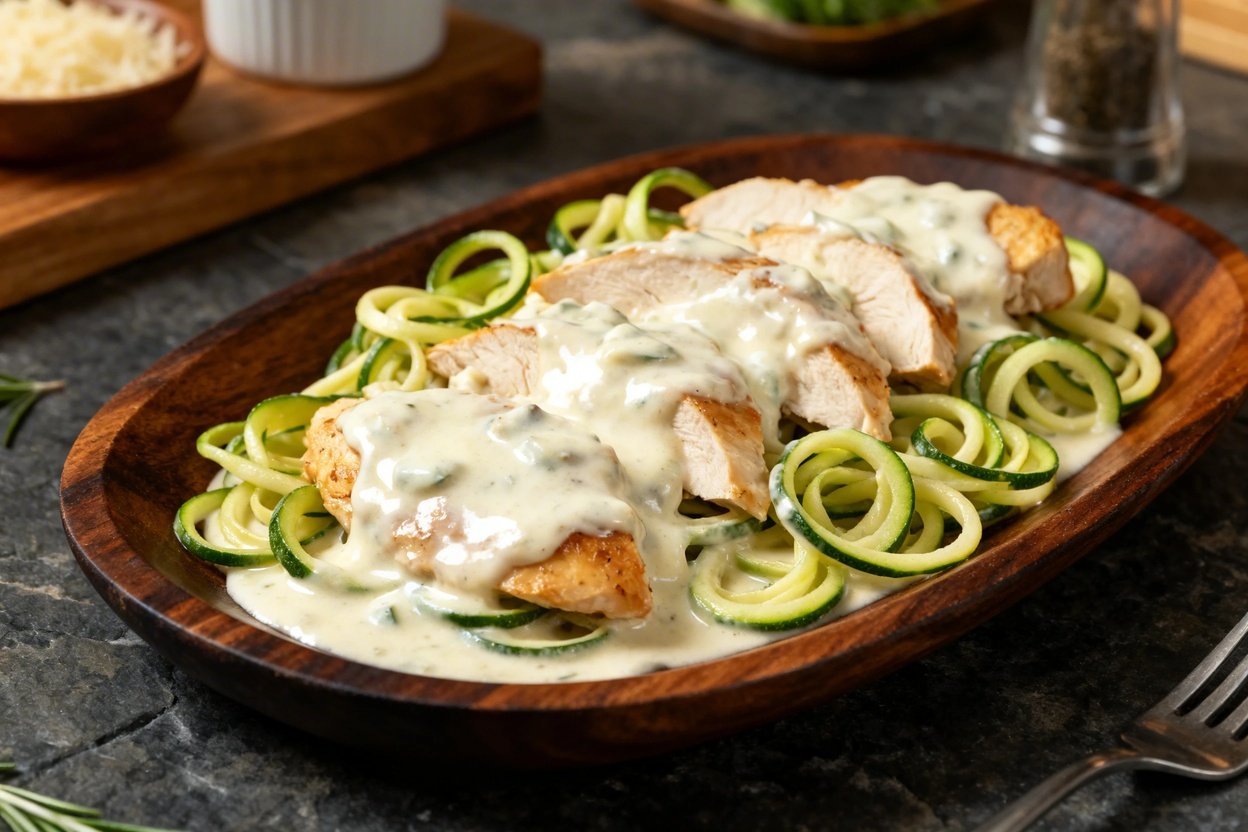 45 degrees emphasizing the texture of the creamy Chicken Alfredo. The dish is plated on dark wood surface.