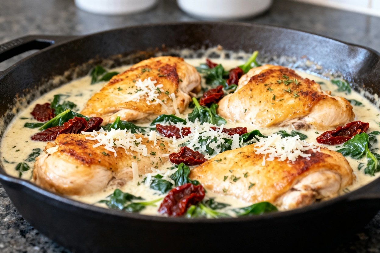 Seared golden chicken thighs in a creamy garlic sauce, accented with sun-dried tomatoes, spinach, and