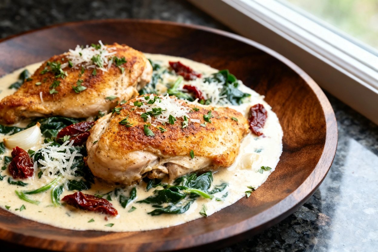 Highlighting the golden crust of the seared chicken thighs, immersed in a creamy sauce with garlic,