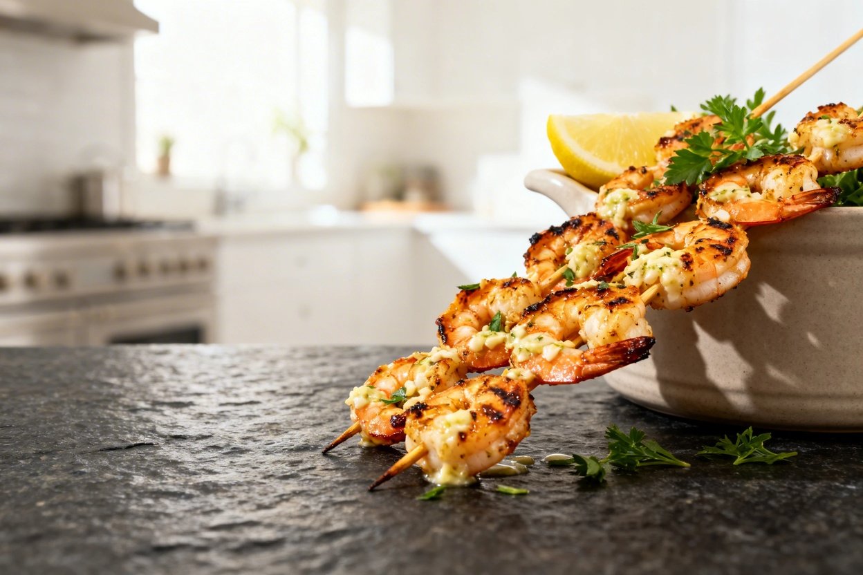 rlic butter sauce, presented in a slightly angled view at 30–40 degrees. The finish is visibly charr