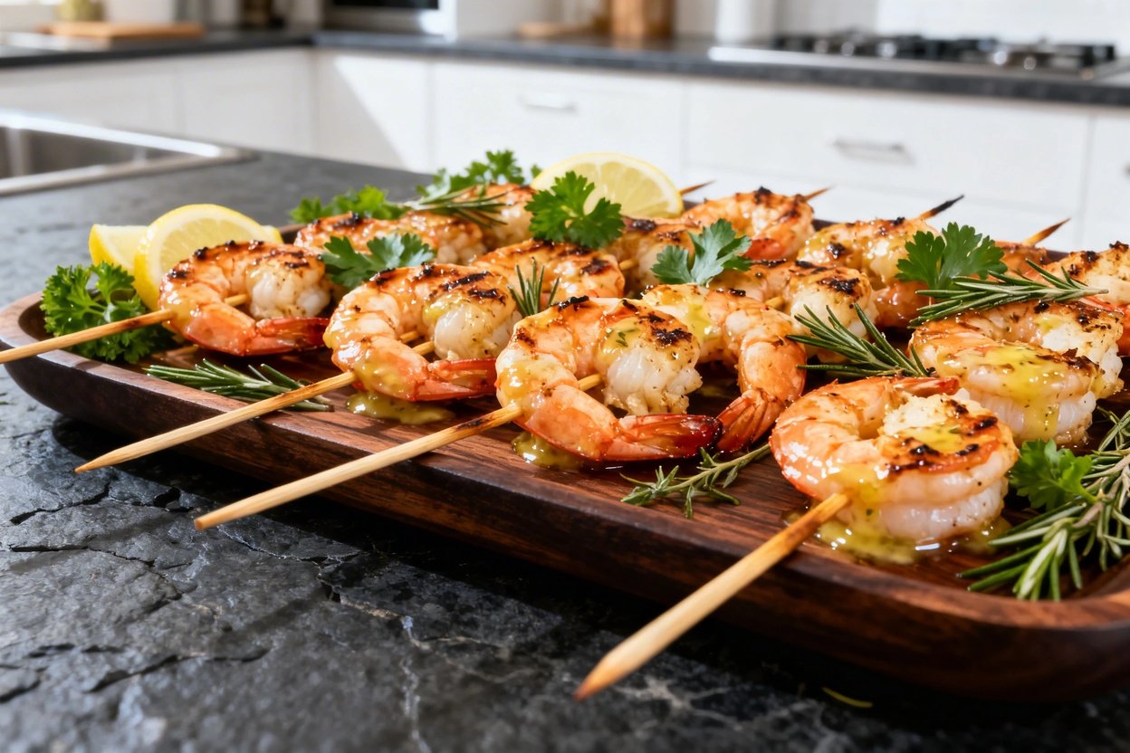 s on dark wood serving dishware. Each skewer features rich garlic butter-coated shrimp, lightly char