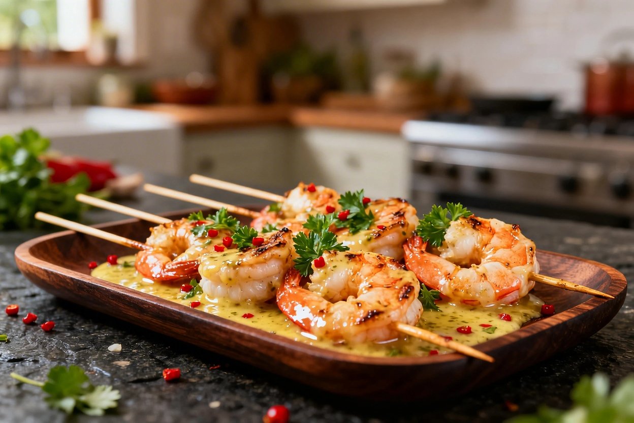 y 30-40 degrees, showcases the Keto Garlic Butter Shrimp Skewers prepared with a rich garlic butter