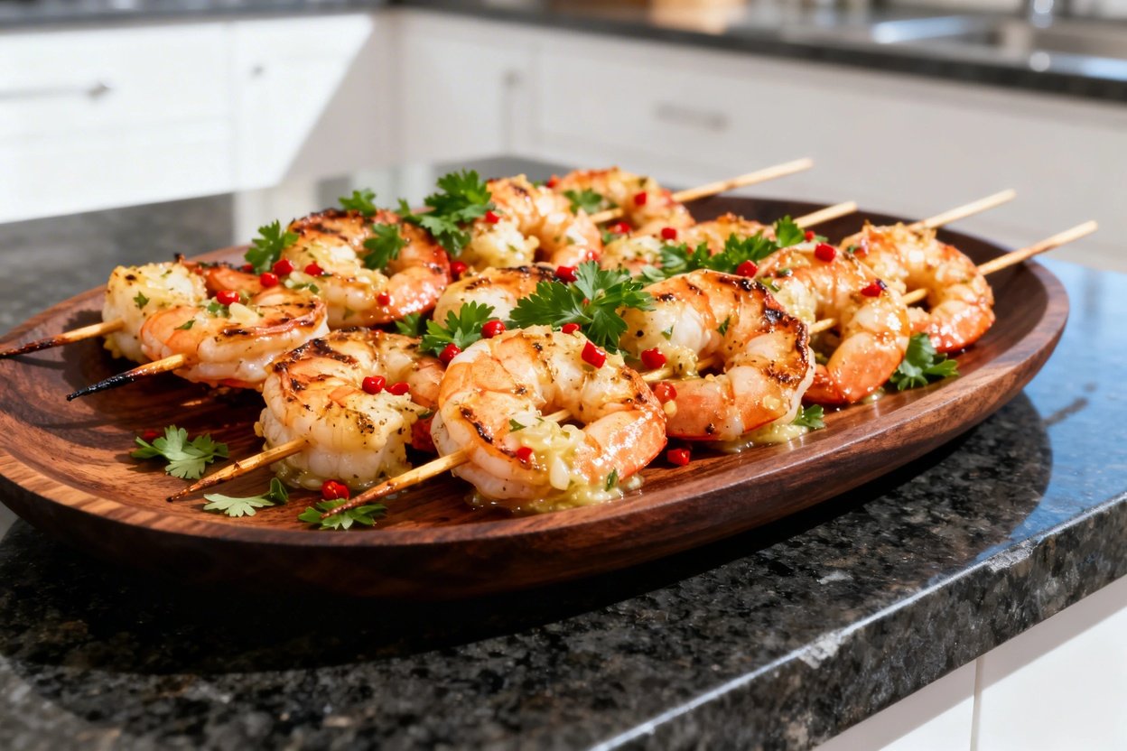 es, highlights the texture and detail of the Keto Garlic Butter Shrimp Skewers. Each shrimp is perfe