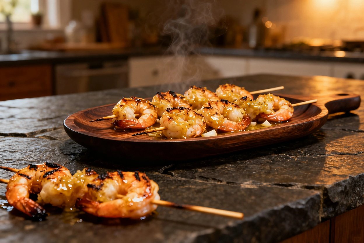 Side angle view of the same grilled shrimp skewers on a dark wood serving plate