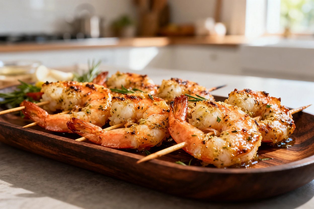 Close-up of the charismatic shrimp skewers, emphasizing their textured, succulent garlic-butter-coated exterior