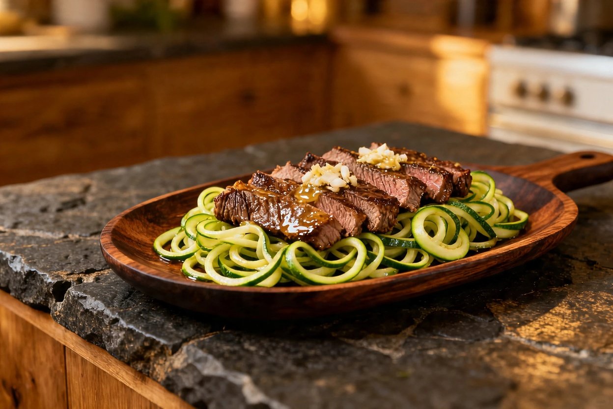 teak and zucchini noodles, viewed from a slightly angled perspective of about 35 degrees. The dish i