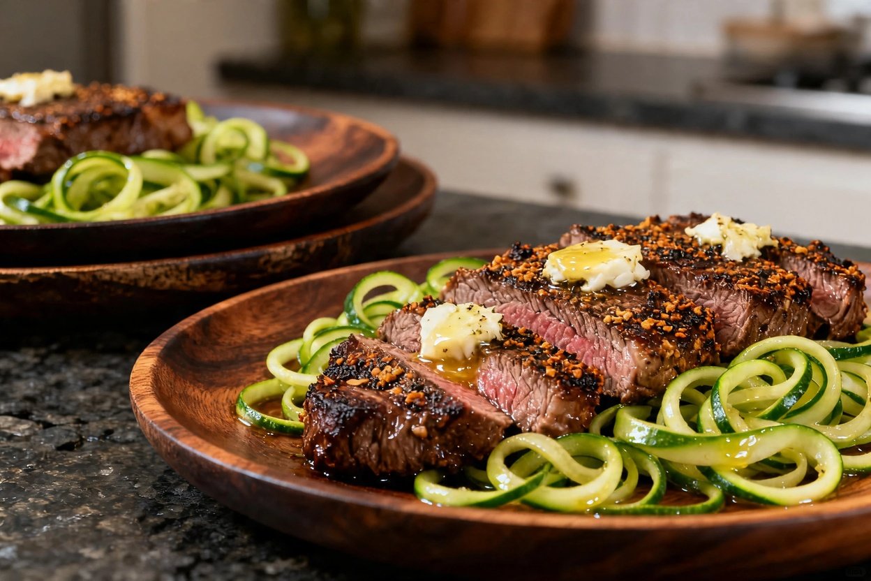0 degrees, emphasizing the texture of the garlic butter steak slices and the spiralized zucchini noo