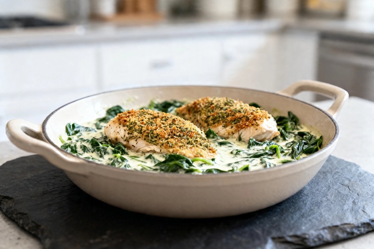 ees, showcasing the keto herb-crusted chicken and creamy spinach. The same portion and presentation
